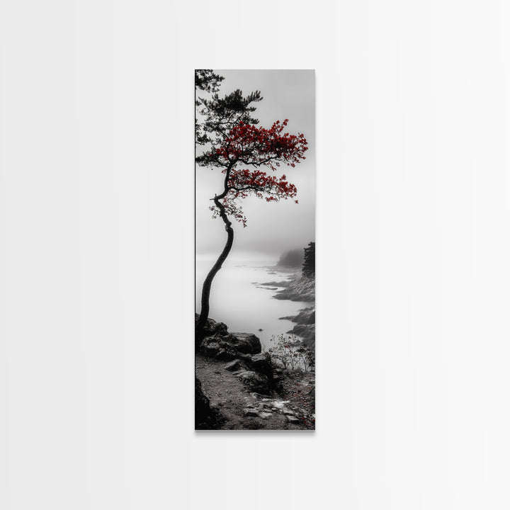 Curved Tree, Foggy Coastline, Red Leaves, Moody Nature Canvas Print, Autumn Landscape, Bedroom Wall Art, Minimalist Earthy Decor