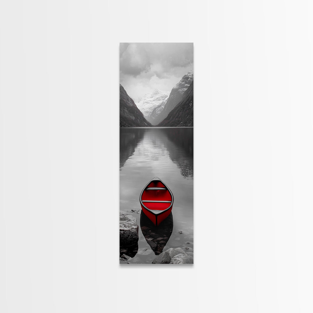 Red Canoe, Mountain Lake, Minimalist Reflection, Snowy Peaks, Framed Canvas Print, Nordic Cabin Wall Art, Serene Bedroom Decor