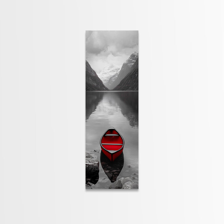 Red Canoe, Mountain Lake, Minimalist Reflection, Snowy Peaks, Framed Canvas Print, Nordic Cabin Wall Art, Serene Bedroom Decor