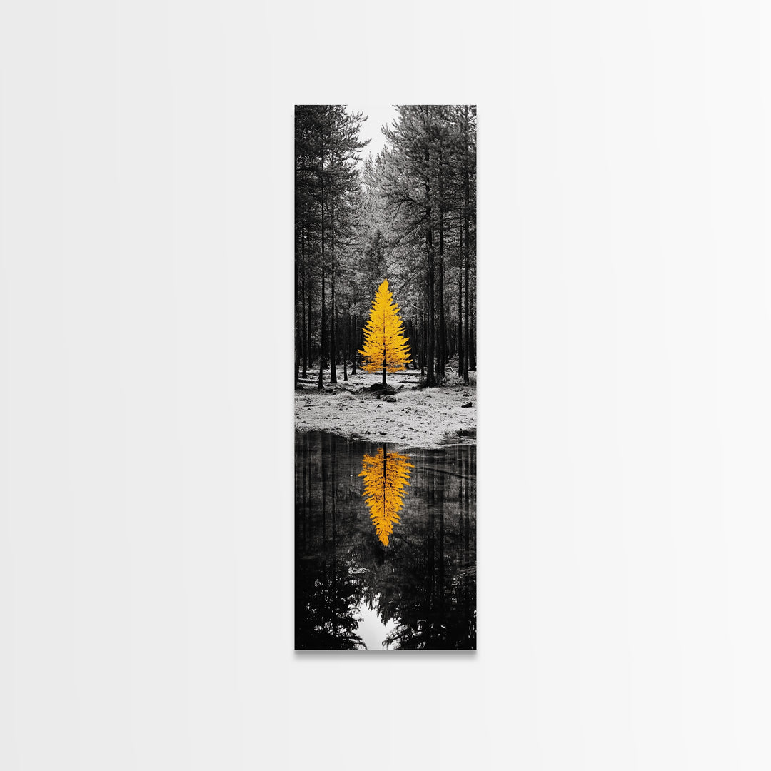 Golden Tree, Forest Reflection, Autumn Solitude, Nature Focused Minimalism, Framed Canvas Print, Zen Bathroom or Office Wall Art