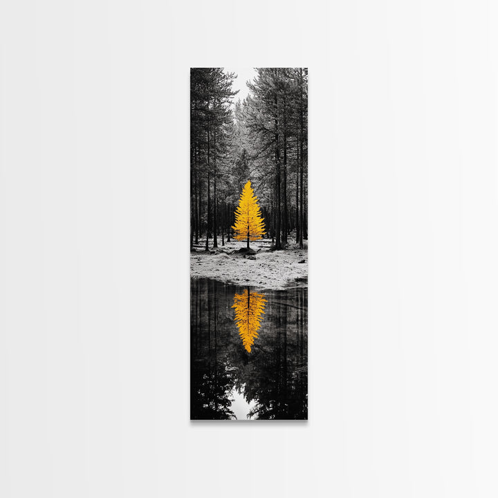 Golden Tree, Forest Reflection, Autumn Solitude, Nature Focused Minimalism, Framed Canvas Print, Zen Bathroom or Office Wall Art