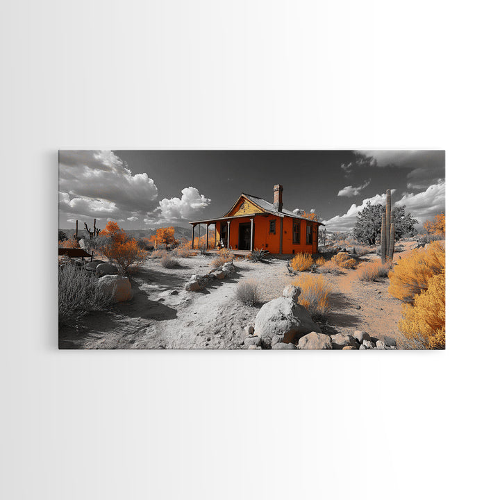 Desert Cabin, Rustic Southwest, Boho Landscape, Autumn Decor, Framed Canvas Print, Living Room Wall Art, Warm Earth Tones, Western Vibes