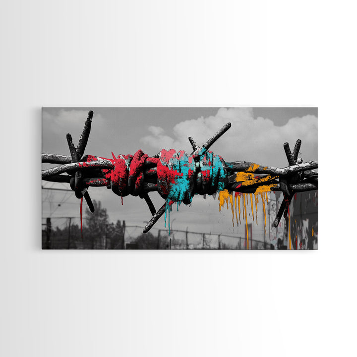 Barbed Wire, Graffiti Art, Urban Street Style, Grunge Decor, Framed Canvas Print, Industrial Wall Art, Dripping Paint, Mixed Media Style