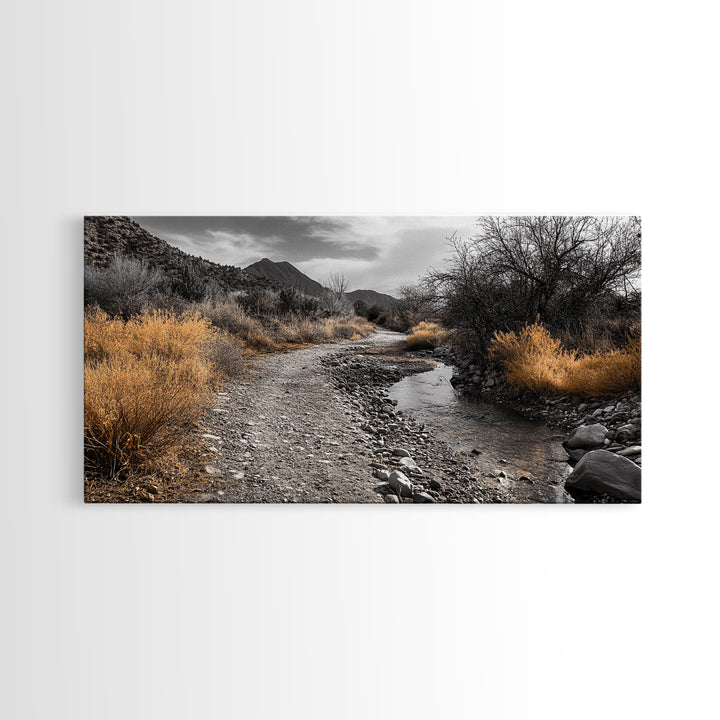 Autumn Path, Golden Bushes, Seasonal Stream, Fall Foliage, Framed Canvas Print, Cozy Entryway Decor, Rustic Wall Art, Nature Inspired
