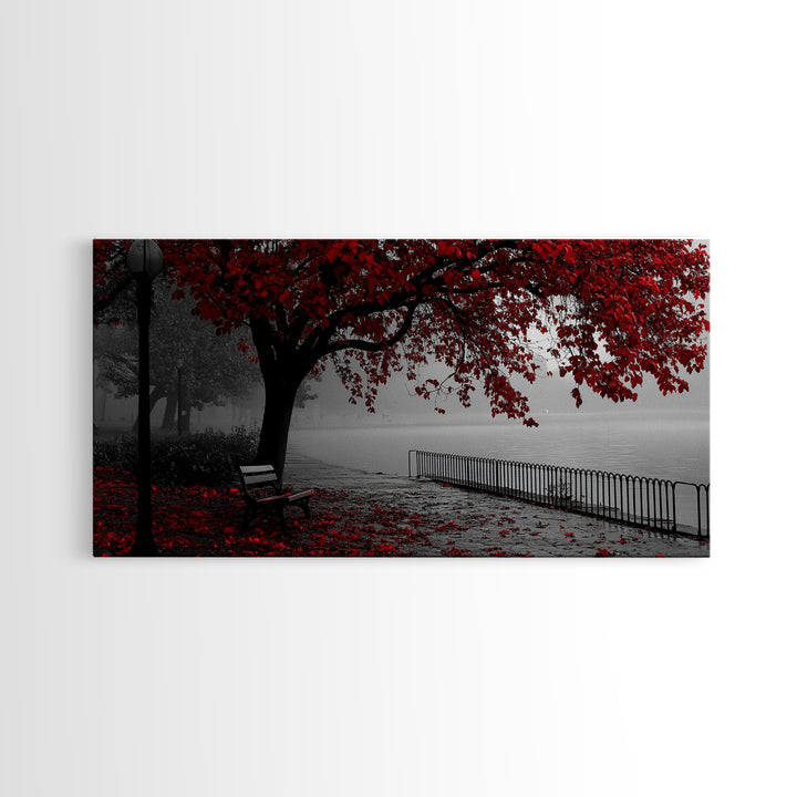 Autumn Bench, Leaves, Foggy park serenity meets bold red leaves in this Framed Canvas Print, ideal Autumn Bedroom Wall Art, Entryway Decor