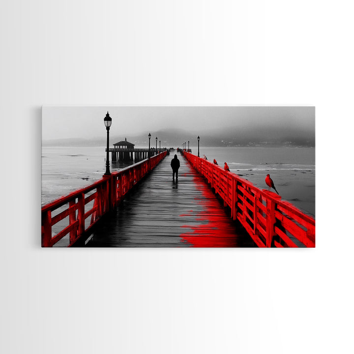 Pier, Red Railings, Fog, Lonely walk down a vivid red pier into the mist in this Framed Canvas Print, Coastal Decor, Minimalist Wall Art