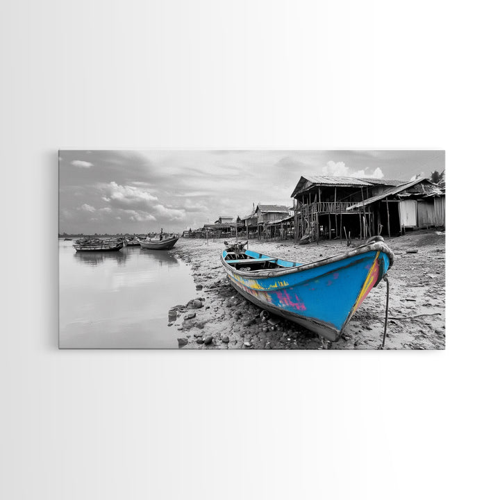 Blue Boat, Shore Village, Coastal Charm, Framed Canvas Print, Rustic Fishing Art, Seaside Home Decor, Nautical Style, Ocean Wall Art