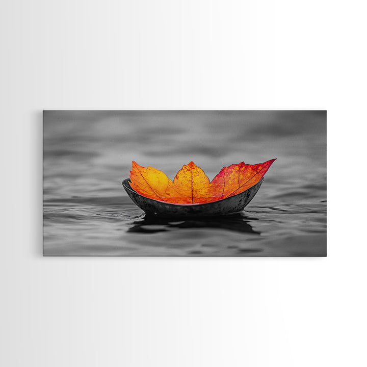 Autumn Leaf, Floating Bowl, Red Yellow Decor, Framed Canvas Print, Cozy Fall Art, Thanksgiving Wall Art, Kitchen Decor, Minimalist Style