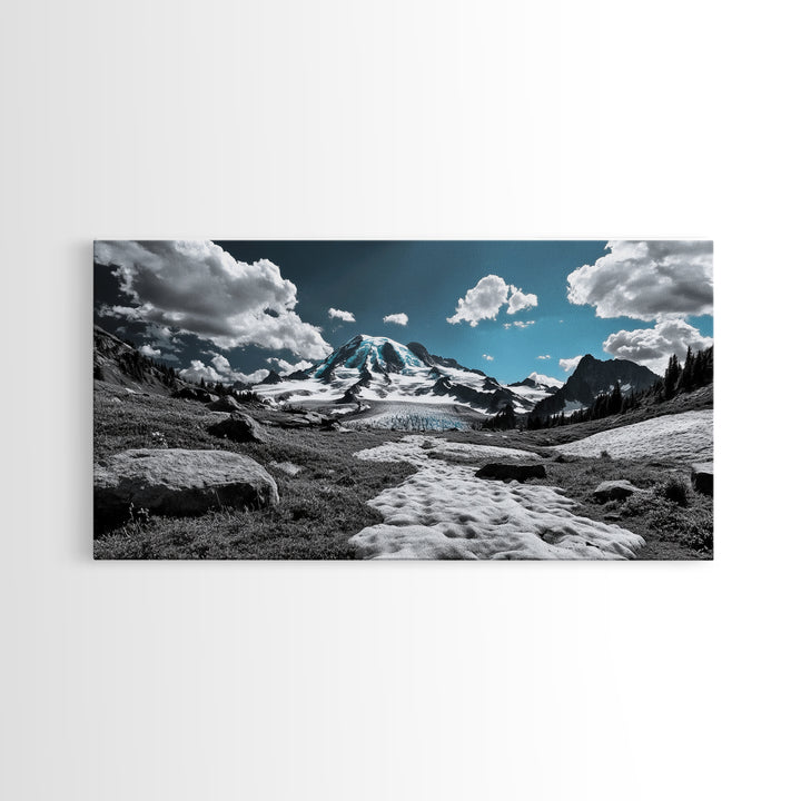 Blue Sky, Glacial Mountain, Winter Landscape, Nature Scene, Framed Canvas Print, Cabin Wall Art, Snowy Hiking Trail, Minimalist Nature Art