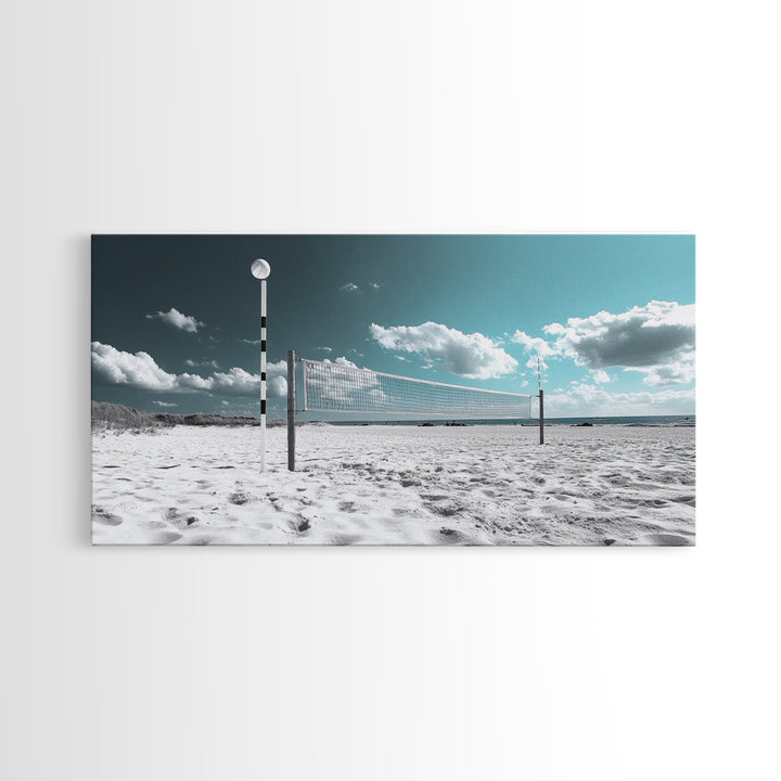 Beach Volleyball, Summer Sport, Minimalist Beach Scene, Sky Art, Framed Canvas Print, Game Room Wall Art, Coastal Modern Decor