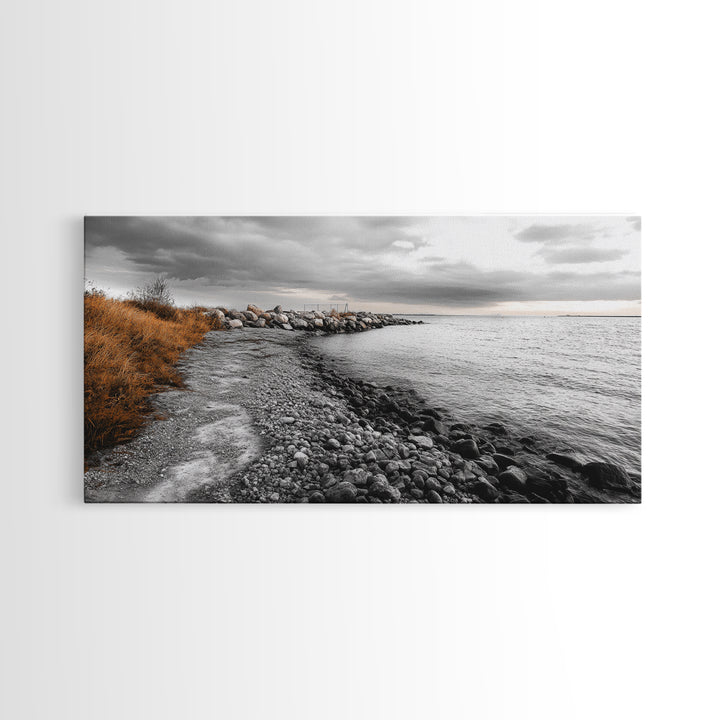 Coastal Path, Stormy Shore, Serene View, Monochrome Mood, Framed Canvas Print, Beach Wall Art, Peaceful Nature, Seaside Photography Decor