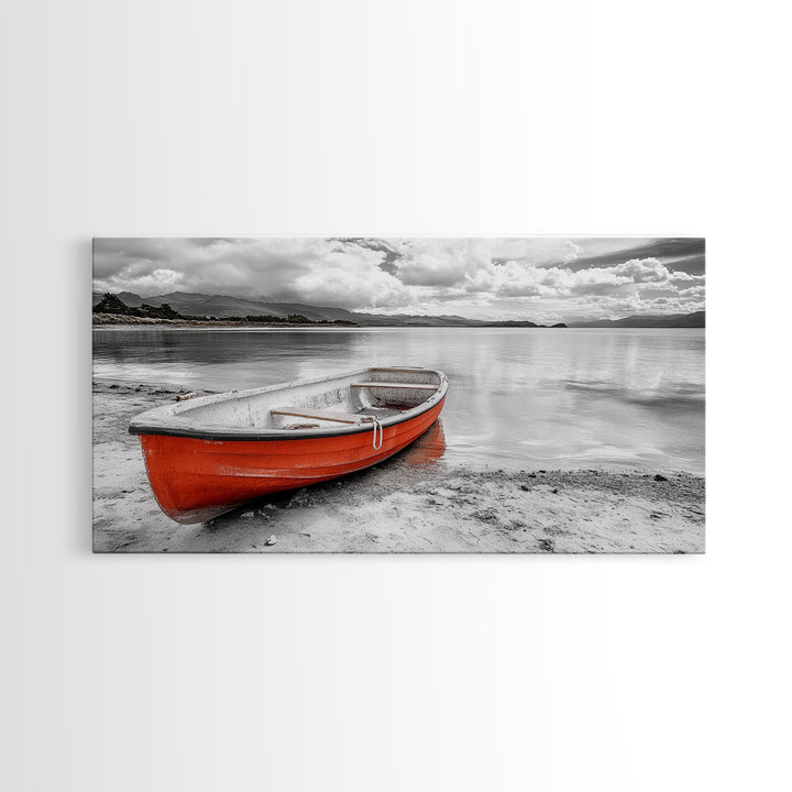 Beached Boat, Calm Waters, Cloudy Horizon, Serene Coastline, Framed Canvas Print, Coastal Wall Art, Minimalist Home Decor, Beach House