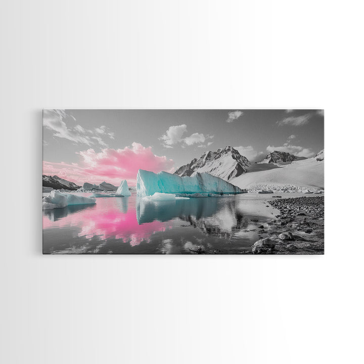 Blue Icebergs, Pink Sky, Glacial Lake, Arctic Dreamscape – Canvas Print, Nature Photography Art, Bedroom Wall Art, Serene Winter Decor