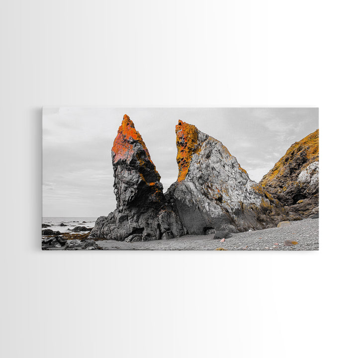 Rocky Cliffs, Orange Moss, Ocean Landscape, Coastal Vibe – Framed Canvas Print, Nature Wall Art, Fall Inspired Decor, Bathroom or Hallway