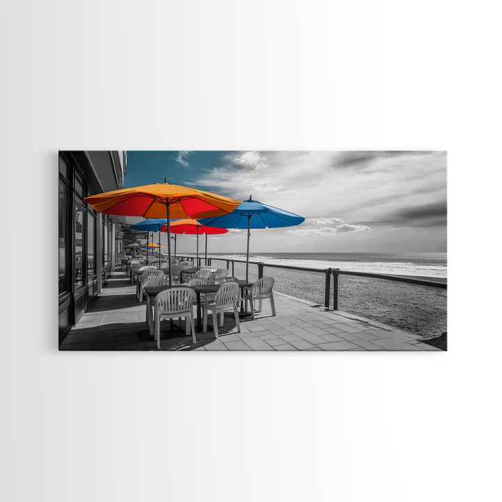 Ocean Café, Coastal Dining, Bright Umbrellas, Seaside View, Framed Canvas Print, Kitchen Wall Art, Beachfront Vibe, Color Pop Style