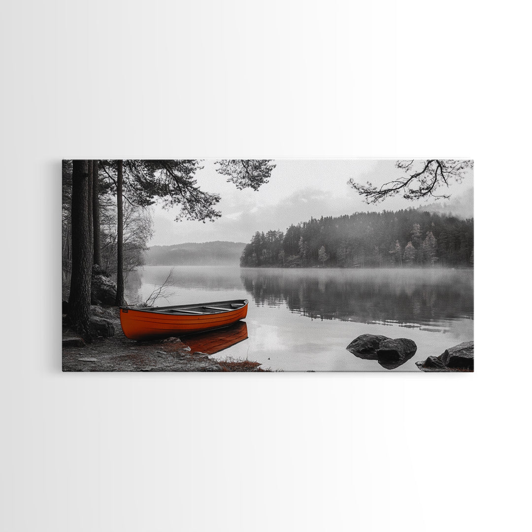 Misty Lake, Orange Boat, Forest Reflections, Foggy Calm – Canvas Print, Nature Wall Art, Fall Cabin Decor, Cozy Landscape Photography
