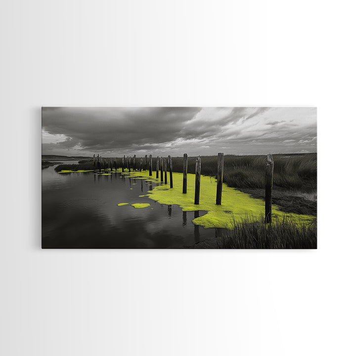 Coastal Marsh, Minimalist Nature, Black and White Art, Modern Decor, Framed Canvas Print, Bathroom Wall Art, Yellow Accents, Serene Mood