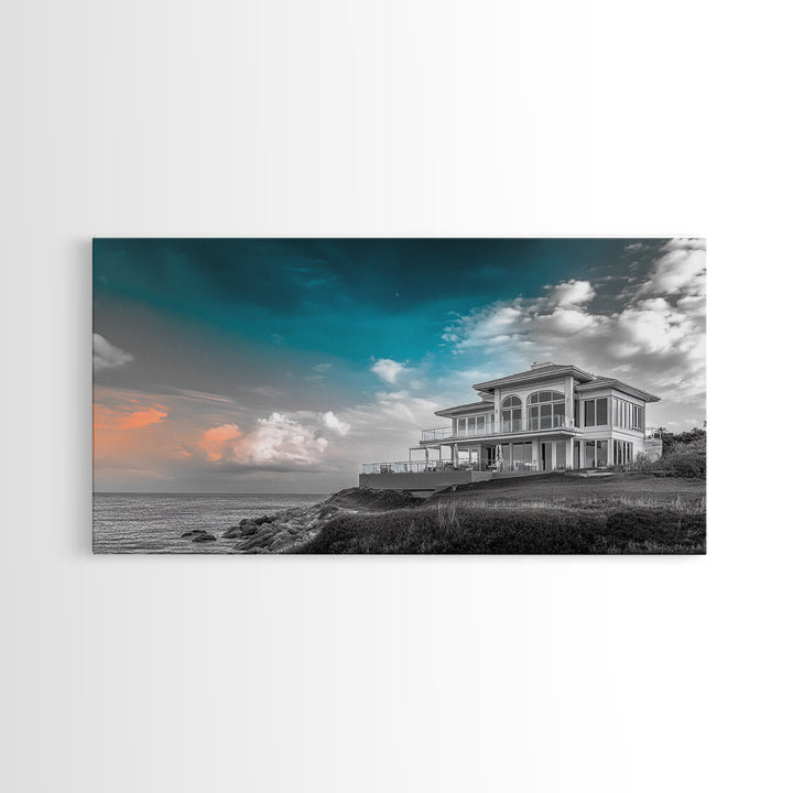 Beach House, Coastal Sunset, Ocean View, Framed Canvas Print, Modern Coastal Decor, Living Room Art, Ocean Sky Photography