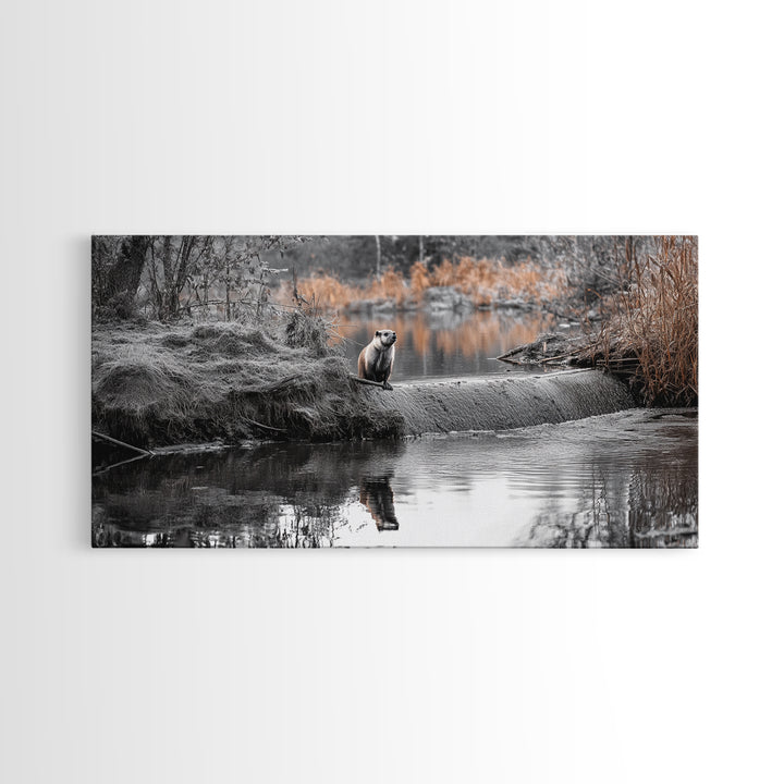 River Otter View, Wildlife Scene, Autumn Nature, Moody Landscape, Framed Canvas Print, Cabin Decor, Animal Wall Art, Woodland Aesthetic