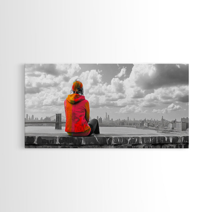 Rooftop View, Urban Woman, Brooklyn Bridge, Reflective Mood, Framed Canvas Print, Modern City Wall Art, Inspirational Office Decor