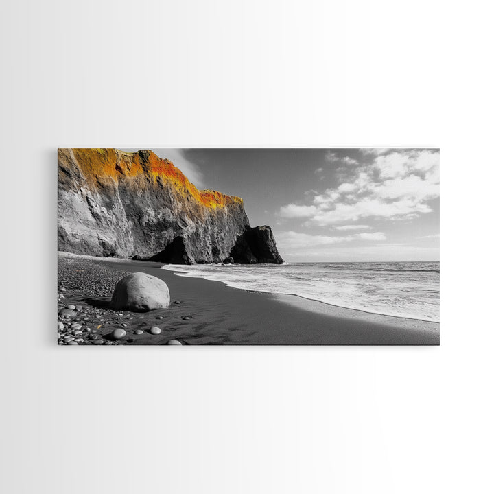 Coastal Cliff View, Monochrome Shore, Bold Nature Scene, Framed Canvas Print, Beach Wall Art, Dramatic Landscape, Modern Office Decor