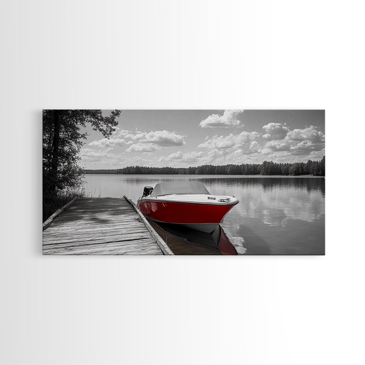 Rustic Boathouse, Red Canoe, Lake Reflection, Tranquil Nature, Framed Canvas Print, Cabin Wall Art, Autumn Lake House Decor