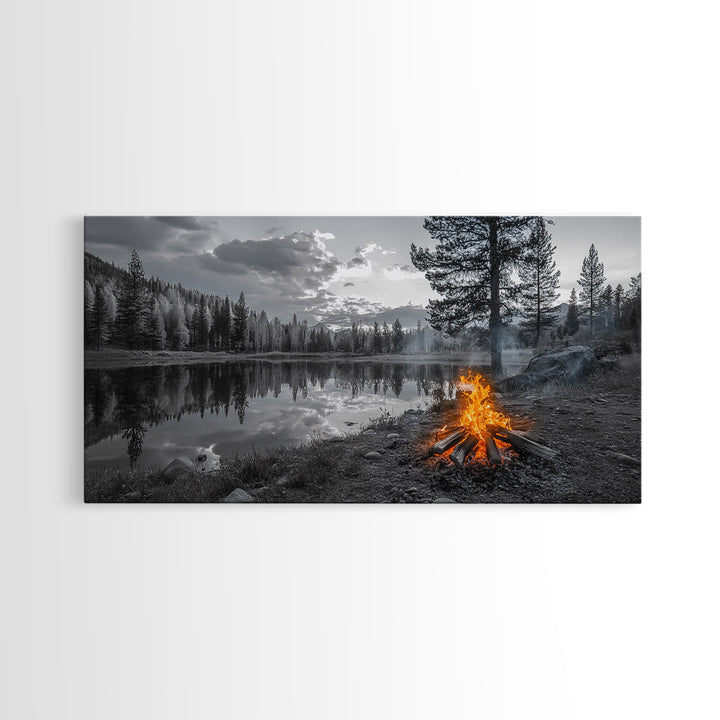 Campfire Sunset, Lake Reflections, Wilderness Escape, Nature Serenity, Framed Canvas Print, Rustic Decor, Autumn Wall Art, Living Room