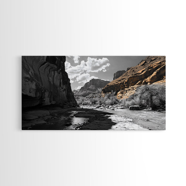 Desert Canyon, River Shadows, Rock Formations, Wild Terrain, Framed Canvas Print, Nature Wall Art, Earth Tone Decor, Living Room Style