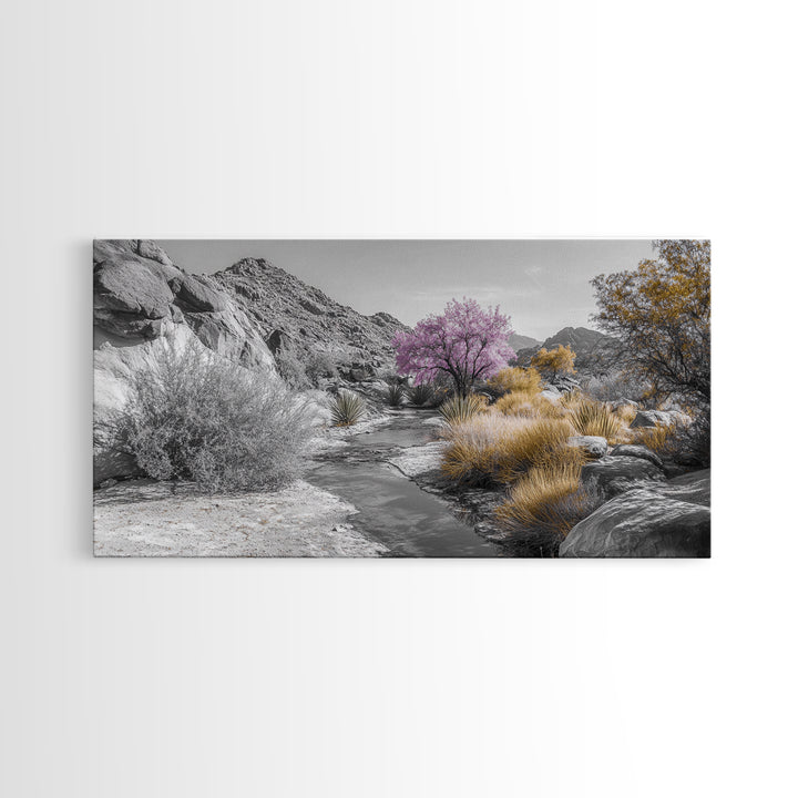 Desert Bloom, Surreal Landscape, Pink Tree, Earthy Desert Colors, Framed Canvas Print, Boho Living Room Wall Art, Southwestern Nature Scene