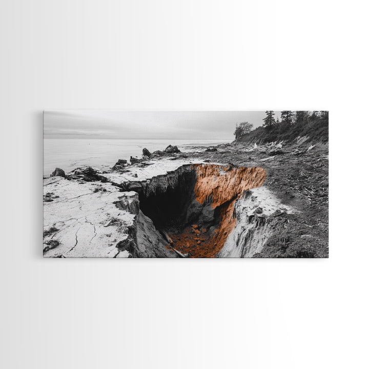 Coastal Cliff, Erosion Edge, Rugged Shoreline, Ocean Mystery, Framed Canvas Print, Modern Nature Wall Art, Earthy Office Decor, Beach Mood