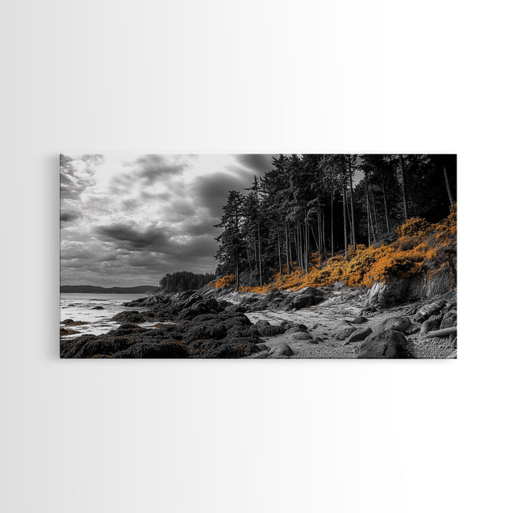 Autumn Coastline, Orange Forest Edge, Framed Canvas Print, Coastal Nature Art, Fall Wall Decor, Rustic Living Room Style, Moody Sky