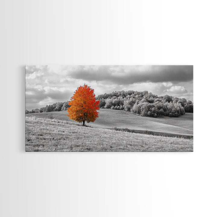 Autumn Tree, Rolling Hills, Minimalist Landscape, Fall Decor, Framed Canvas Print, Office Wall Art, Vibrant Red Orange Tree Scene