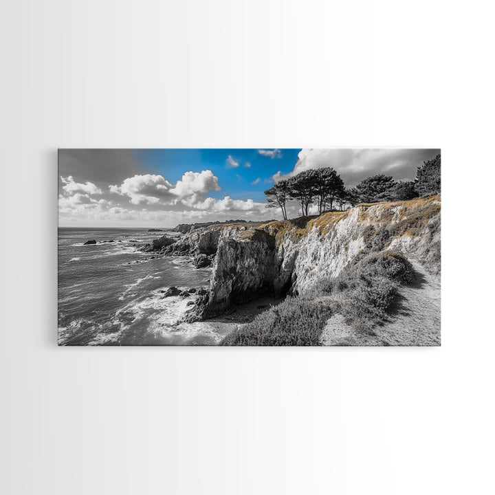 Coastal View, Cliffside Trees, Ocean Horizon, Nature Escape, Canvas Print perfect coastal wall art, minimalist home decor, bathroom art