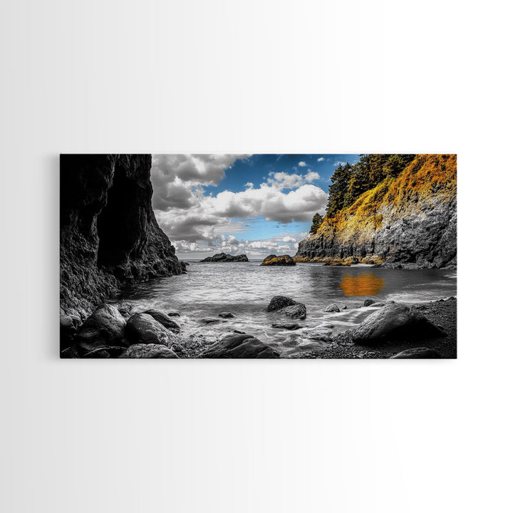 Rocky Cove, Coastal Escape, Golden Hillside, Ocean View, Canvas Print boho coastal art, fall themed decor, living room wall piece