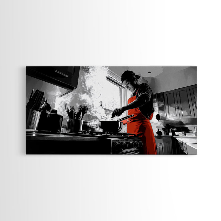 Bold Cooking Moment, Artistic Kitchen Scene, Red Apron Chef, Steam and Light, Framed Canvas Print, Kitchen Wall Art, Modern Pop Style