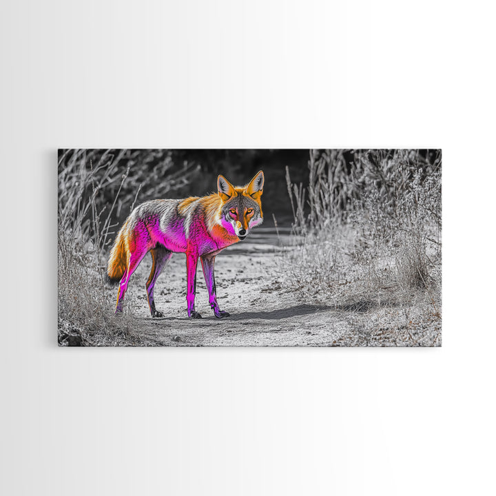 Neon Fox Portrait, Vibrant Wildlife Path Scene, Bright Nature Animal, Framed Canvas Print, Bedroom Wall Art, Psychedelic Animal Style