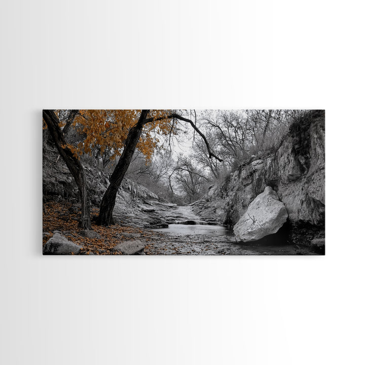 Autumn Stream, Orange Leaves, Waterfall Path, Framed Canvas Print, Fall Wall Art, Rustic Living Room Decor, Seasonal Nature Photography