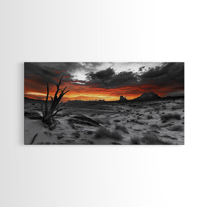 Desert Sunset, Red Sky, Monochrome Sand, Framed Canvas Print, Southwest Wall Art, Boho Bedroom Decor, Dramatic Nature Photography