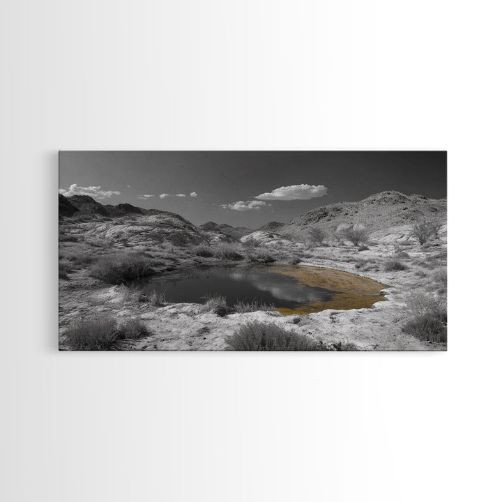 Desert Pool, Yellow Reflection, Desert Hills, Framed Canvas Print, Minimalist Nature Art, Neutral Home Decor, Modern Office Wall Art