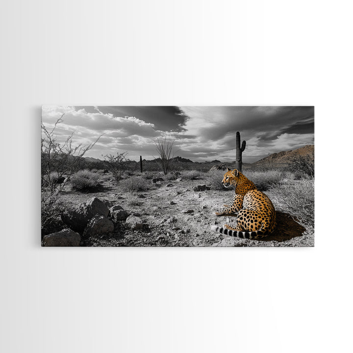 Cheetah Desert, Wild Cat, Monochrome Landscape, Framed Canvas Print, Safari Wall Art, Animal Lover Decor, Masculine Office Artwork