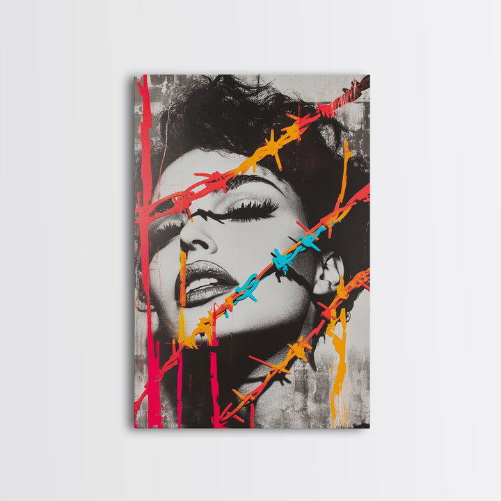 Neon Barbed Beauty, Graffiti Glam, Bold Portrait, Framed Canvas Print, Urban Wall Art, Edgy Bedroom Decor, Pop Art Style Statement