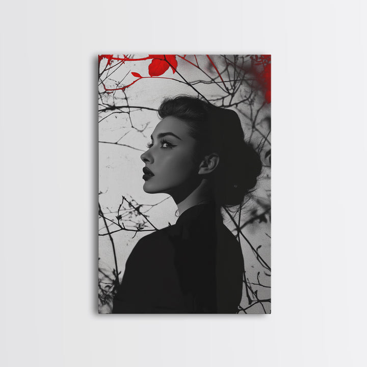 Noir Beauty, Red Accent Leaves, Dramatic Woman Profile, Framed Canvas Print, Glamour Wall Art, Gothic Bedroom Decor, Monochrome Style