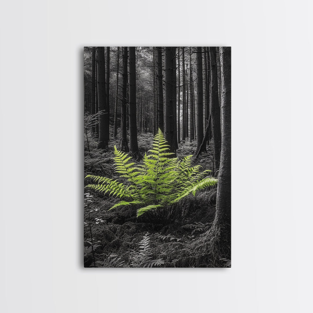 Green Fern, Forest Focus, Lush Nature, Woodland Light, Framed Canvas Print, Botanical Wall Art, Bedroom Decor, Minimalist Plant Art