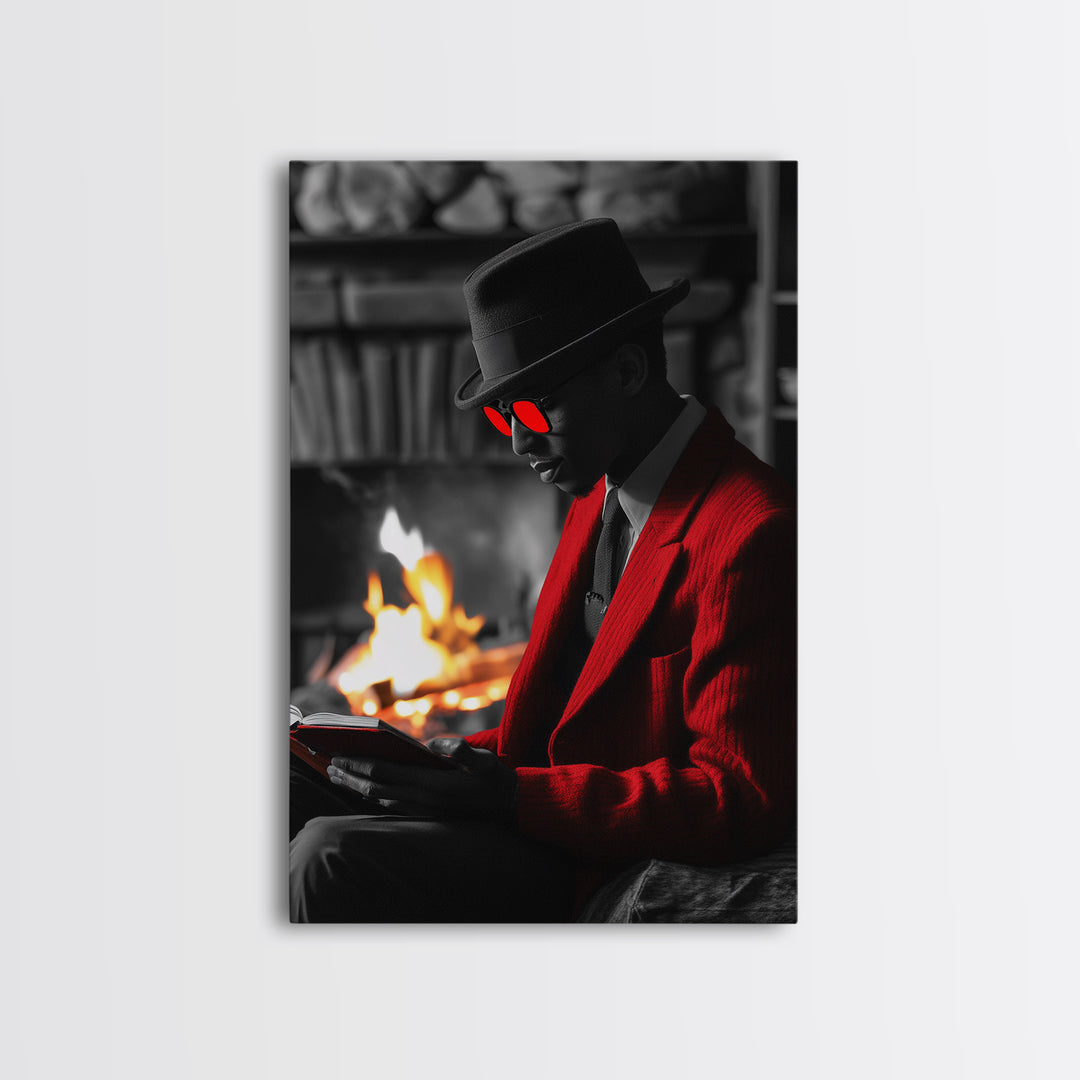 Red Jacket, Reading Firelight, Cozy Vibes, Stylish Man, Framed Canvas Print, Fall Wall Art, Office Decor, Modern Masculine Art