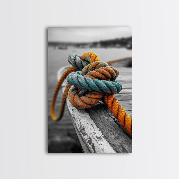 Nautical Rope, Boat Knot, Harbor Texture, Rustic Detail, Framed Canvas Print, Coastal Kitchen Art, Marine Decor, Boho Nautical Style