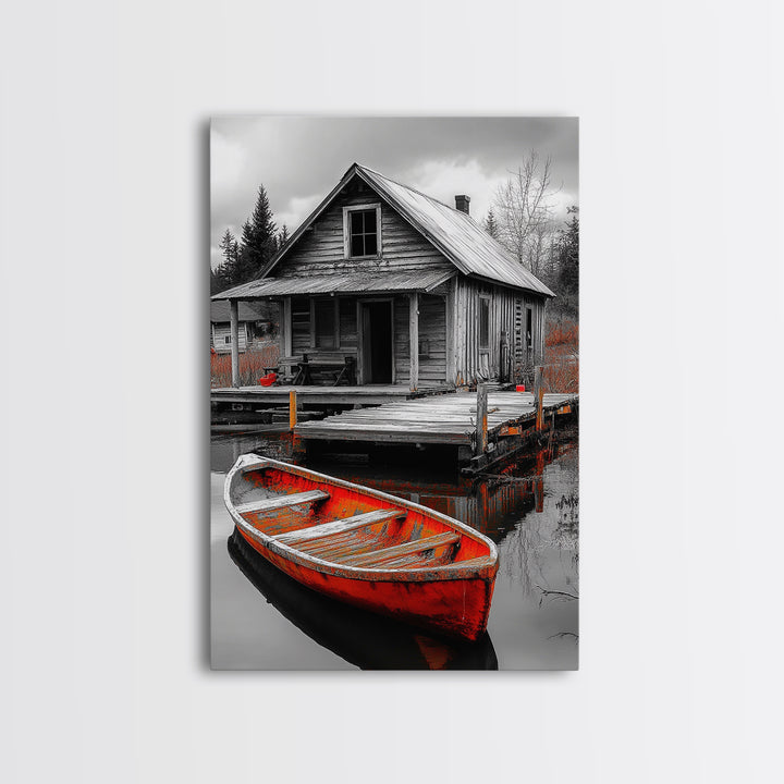 Cabin Reflection, Rustic Rowboat, Autumn Red, Lake Dock, Canvas Print, Fall Wall Art, Country Home Decor, Rustic Landscape, Lodge Style Art