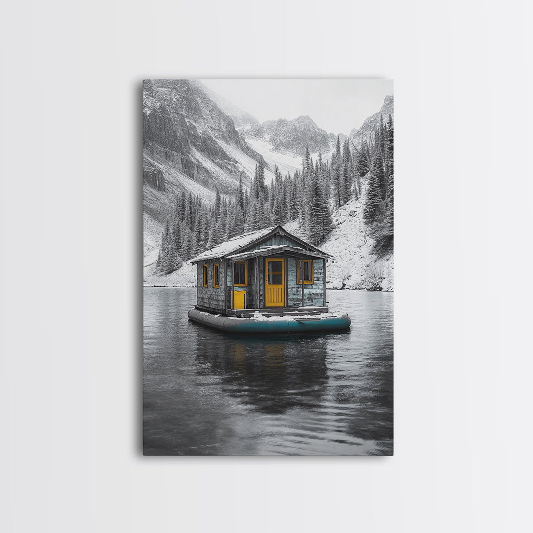 Winter Cabin, Floating House, Snowy Pines, Mountain Lake, Canvas Print, Minimalist Winter Wall Art, Cabin Decor, Neutral Nature Scene