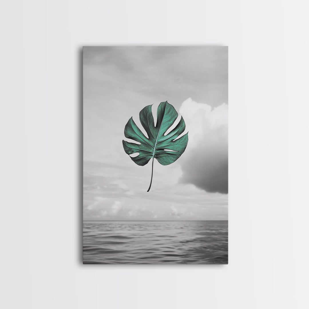 Monstera Leaf, Ocean Breeze, Tropical Minimalism, Floating Leaf, Framed Canvas Print, Modern Bathroom Art, Boho Decor, Tropical Wall Art