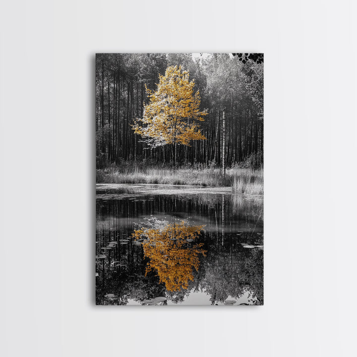 Golden Tree, Forest Reflection, Autumn Pond, Tranquil Waters, Canvas Print, Fall Nature Wall Art, Zen Bathroom Decor, Minimalist Art