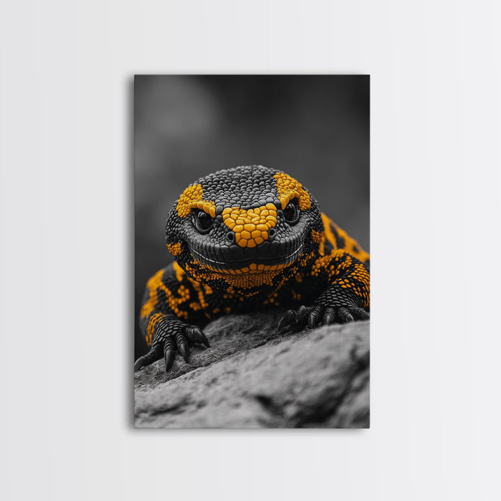 Lizard Close Up, Yellow and Black, Reptile Macro, Framed Canvas Print, Nature Photography, Animal Art, Man Cave Wall Art, Wildlife Decor